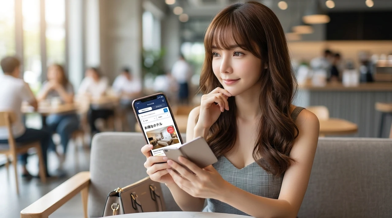 コスパ最強のホテルを賢く安く予約するための4つのコツをイメージした写真風の画像