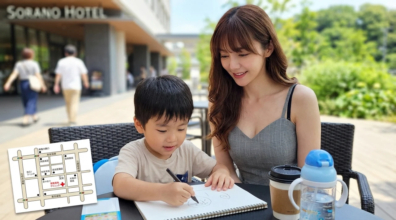 ソラノ ホテル周辺の子連れスポットと緊急時の安心情報をイメージした写真風の画像